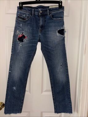 Diesel Men's Distressed Dark Blue Slim Straight Jeans